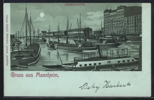 Mondschein-Lithographie Mannheim, Hafenpartie, Lastkähne und Dampfboote