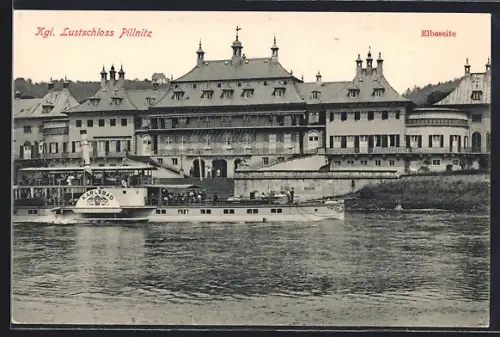 AK Dresden-Pillnitz, Kgl. Lustschloss von der Elbeseite, Raddampfer Karlsbad