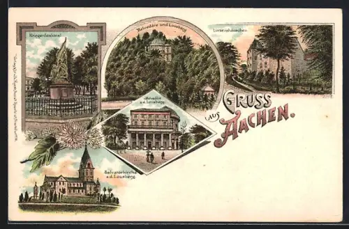 Lithographie Aachen, Kriegerdenkmal, Belvedere, Lousberg, Linzenshäuschen