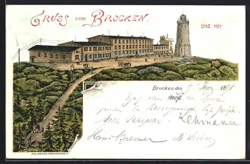 Lithographie Brocken, Blick zum Brockenhotel
