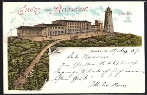 Lithographie Brocken, Hotel und Aussichtsturm