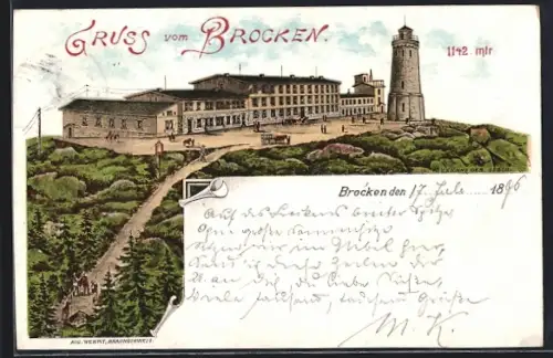 Lithographie Brocken, Hotel und Aussichtsturm