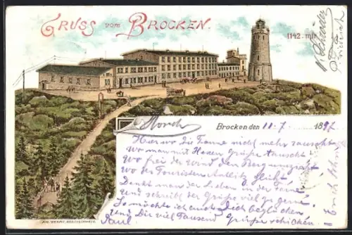 Lithographie Brocken, Blick zum Brockenhotel