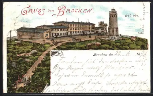 Lithographie Brocken, Gipfel mit Turm und Brocken-Hotel