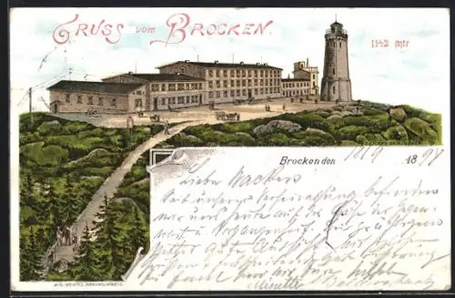 Lithographie Brocken, Hotel und Aussichtsturm