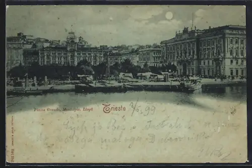 Mondschein-AK Trieste, Piazza Grande, Municipio, Lloyd