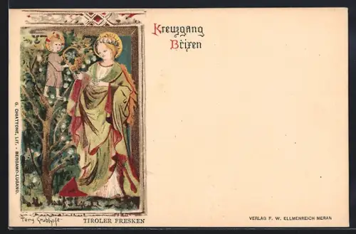 Lithographie Brixen, Kreuzgang, Tiroler Fresken, Marienbild