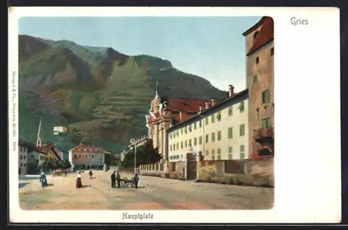 AK Gries, Hauptplatz mit Passanten