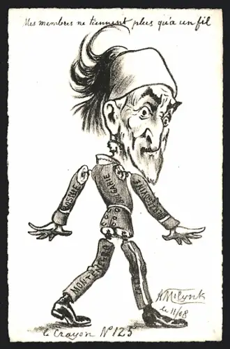 Künstler-AK sign. Molynk: Abdülhamid II. der Türkei als Marionette aus Bosnien, Montenegro, Kreta und Bulgarien