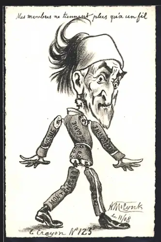 Künstler-AK sign. Molynk: Abdülhamid II. der Türkei als Marionette aus Bosnien, Montenegro, Kreta und Bulgarien