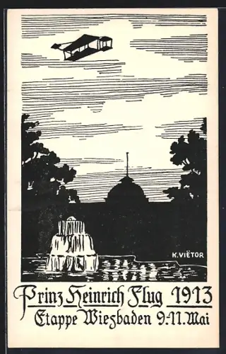 Künstler-AK K. Vietor: Wiesbaden, Prinz Heinrich Flug 1913, Etappe Wiesbaden 9.-11. Mai