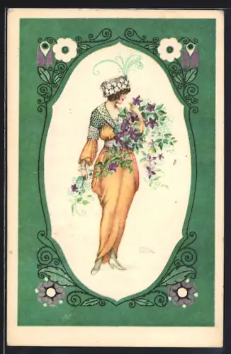 Künstler-AK August Patek: Frau mit Blumen im Jugendstil, Ostergruss