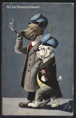 Künstler-AK Auf dem Rennomierbummel, vemenschlichter Hund und Bulldogge als Studenten