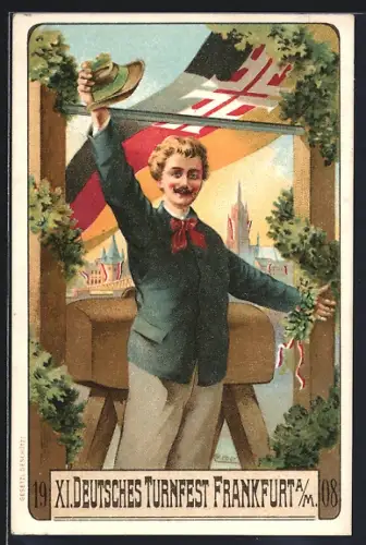 Künstler-AK Frankfurt / Main, XI. Deutsches Turnfest 1908, Sportler vor einem Bock stehend und grüssend den Hut ziehend