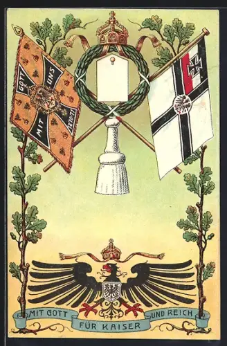 Künstler-AK Regimentsfahnen mit Eisernen Kreuz und Gott sei mit uns 1870-77, Kranz und Krone, Reichsadler, Mit Gott...