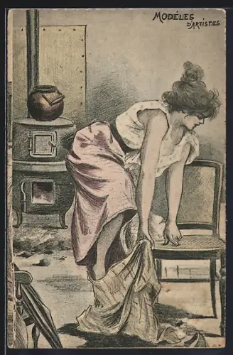 Künstler-AK Henri Boutet: Modeles D'Artistes, hübsche Dame entkleidet sich