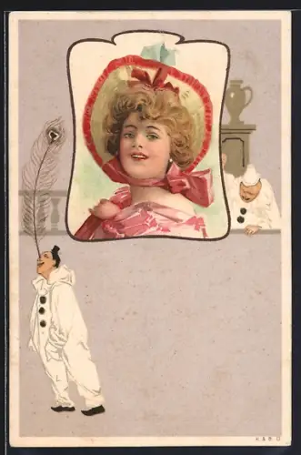 Lithographie Fasching, zwei Harlekine und Portrait einer jungen Dame mit Hut und Schleife