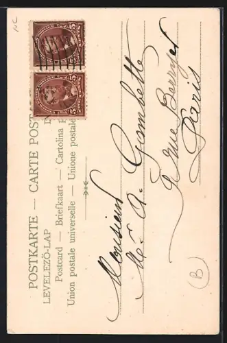 Lithographie Fasching, zwei Harlekine und Portrait einer jungen Dame mit Hut und Schleife