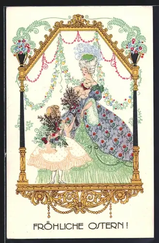 Künstler-AK August Patek: Mädchen reicht einer barocken Dame einen Strauss aus Weidenzweigen, Fröhliche Ostern