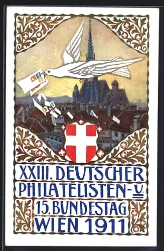 Künstler-AK H. Kalmsteiner: Wien, XXIII. Deutscher Philatelisten- u. 15. Bundestag 1911, Taube über dem Ort