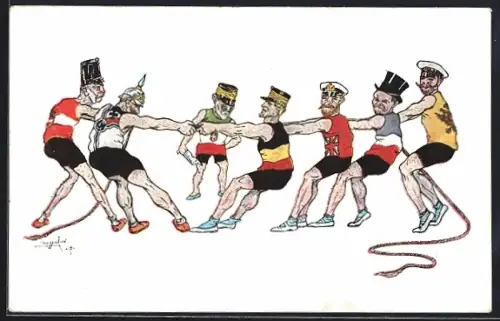 AK Zar Nikolai von Russland beim Tauziehen mit Kaiser Franz Josef I. von Österreich