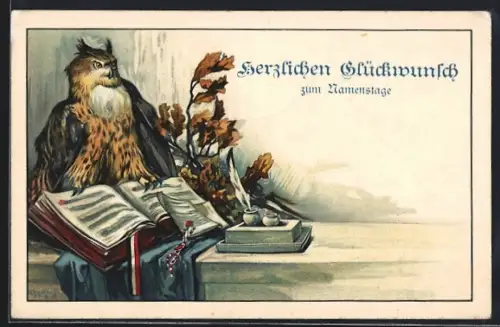 Lithographie Uhu sitzt auf einem Buch, Namenstag