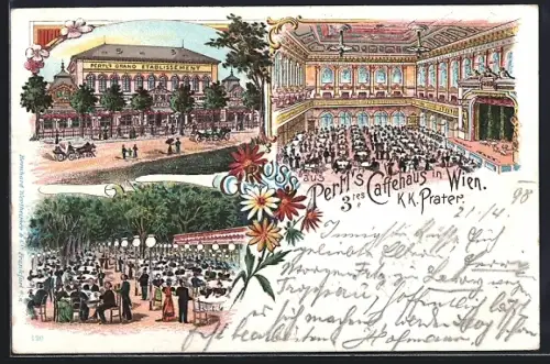 Lithographie Wien, K. k. Prater, Pertl`s 3tes Caffeehaus, Kutsche