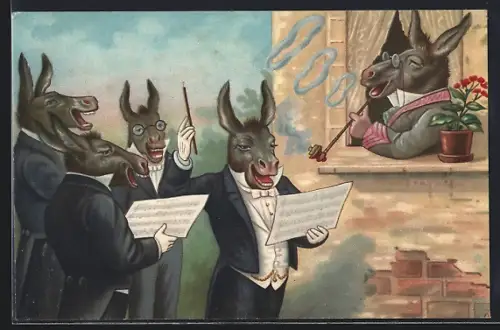 AK Vermenschlichte Esel singen ein Ständchen am Fenster