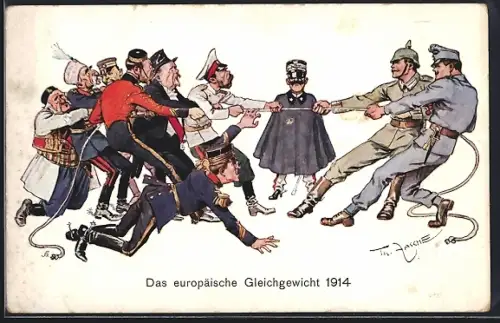 Künstler-AK Th.Zasche: Das europäische Gleichgewicht 1914, Deutschland-Österreich beim Tauziehen mit Feinden