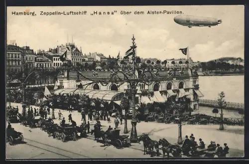 AK Hamburg-Neustadt, Zeppelin-Luftschiff Hansa über dem Alster-Pavillon