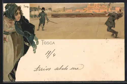 Künstler-AK Leopoldo Metlicovitz: Tosca, Duell mit Schwert und weinende Frau