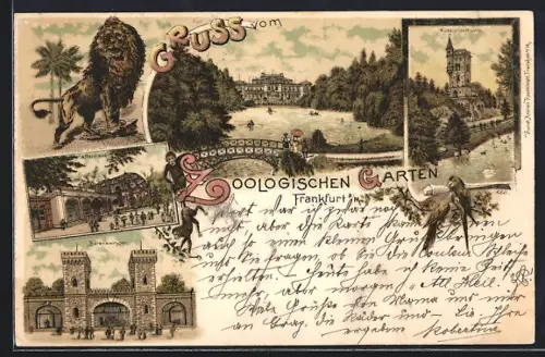 Lithographie Frankfurt, Zoologischer Garten, Bärenzwinger, Affenhaus, Aussichtsturm, Löwe