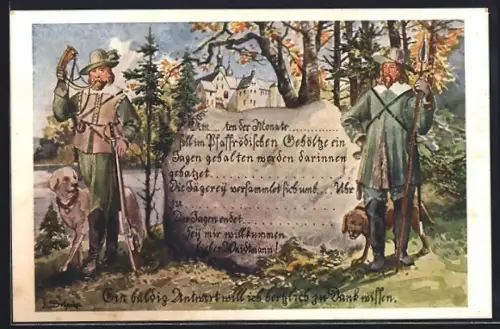 Lithographie Jäger aus dem späten Mittelalter, Jagdeinladung