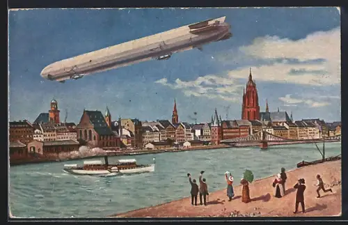 Künstler-AK Frankfurt /Main, Internationale Luftschifffahrt-Ausstellung, Zeppelin über der Stadt