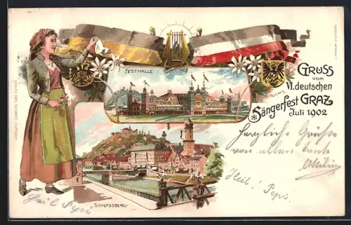 Lithographie Graz, Sängerfest 1902, Festhalle, Schlossberg