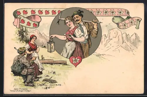 Künstler-AK Ernst Platz: Bergsteigerliebchen, Edelweiss und Herzen