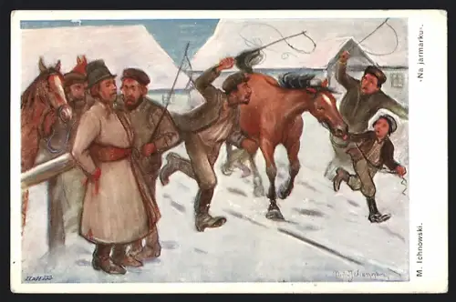 Künstler-AK Na jarmarku, Jüdische Pferdehändler im Winter