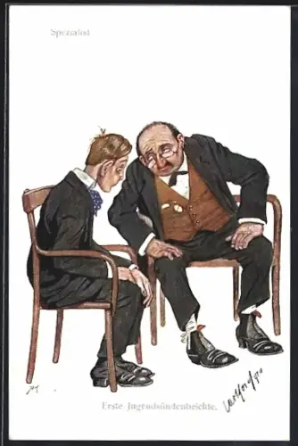 Künstler-AK Carl Josef Pollak: Spezialist, Erste Jugendsündenberichte, Humor