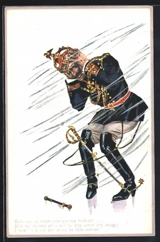 AK Kaiser Wilhelm II. kann seinen Kopf im Sturm nicht halten, Propaganda Entente