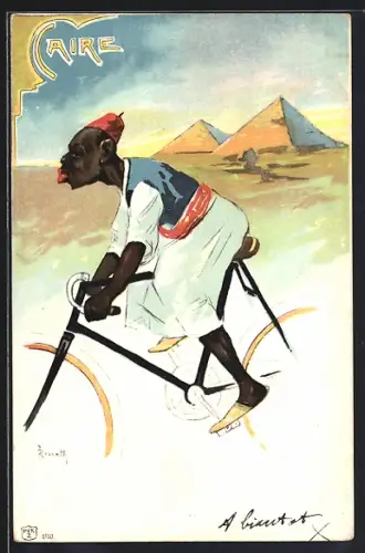 Künstler-AK sign. Rosetti: Caire, Mann auf Fahrrad, arabische Volkstypen