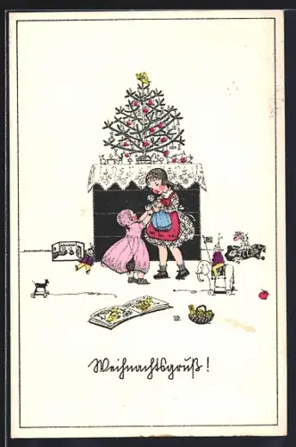 Künstler-AK Mela Köhler, Deutscher Schulverein Nr. 1143: Kinder spielen mit Puppen zu Weihnachten