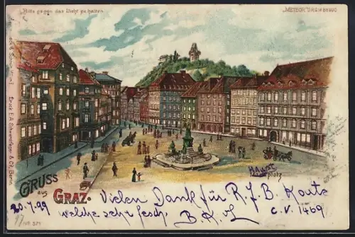 Lithographie Graz, Marktplatz, Halt gegen das Licht