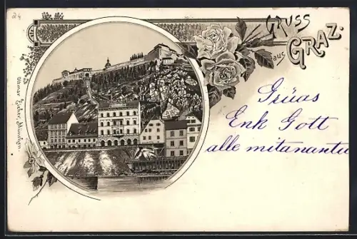 Vorläufer-Lithographie Graz, 1895, Ortsansicht mit Bergbahn