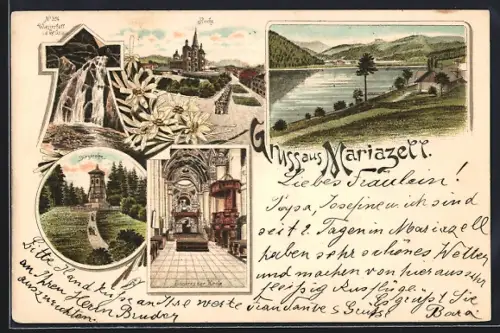 Vorläufer-Lithographie Mariazell, 1895, Wallfahrtskirche, Wasserfall Grünau, Bürgerallee, Seepartie