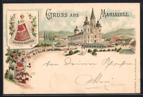 Vorläufer-Lithographie Mariazell, 1895, Wallfahrtskirche, Gnadenmutter