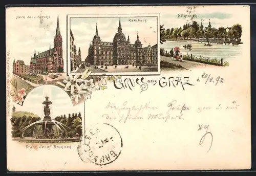 Vorläufer-Lithographie Graz, 1892, Herz Jesu-Kirche, Rathaus, Hilmteich, Franz-Josef-Brunnen