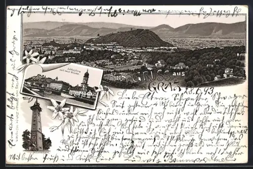 Vorläufer-Lithographie Graz, 1893, Schlossberg und neue Brücke, Hilmwarte, Ortsansicht