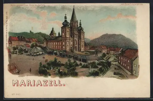 Lithographie Mariazell, Ansicht der Wallfahrtskirche, Halt gegen das Licht