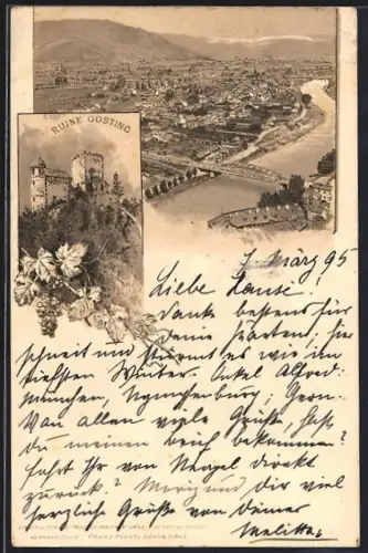 Vorläufer-Lithographie Graz, 1895, Ruine Gösting, Ortsansicht