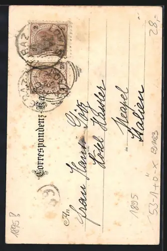 Vorläufer-Lithographie Graz, 1895, Ruine Gösting, Ortsansicht